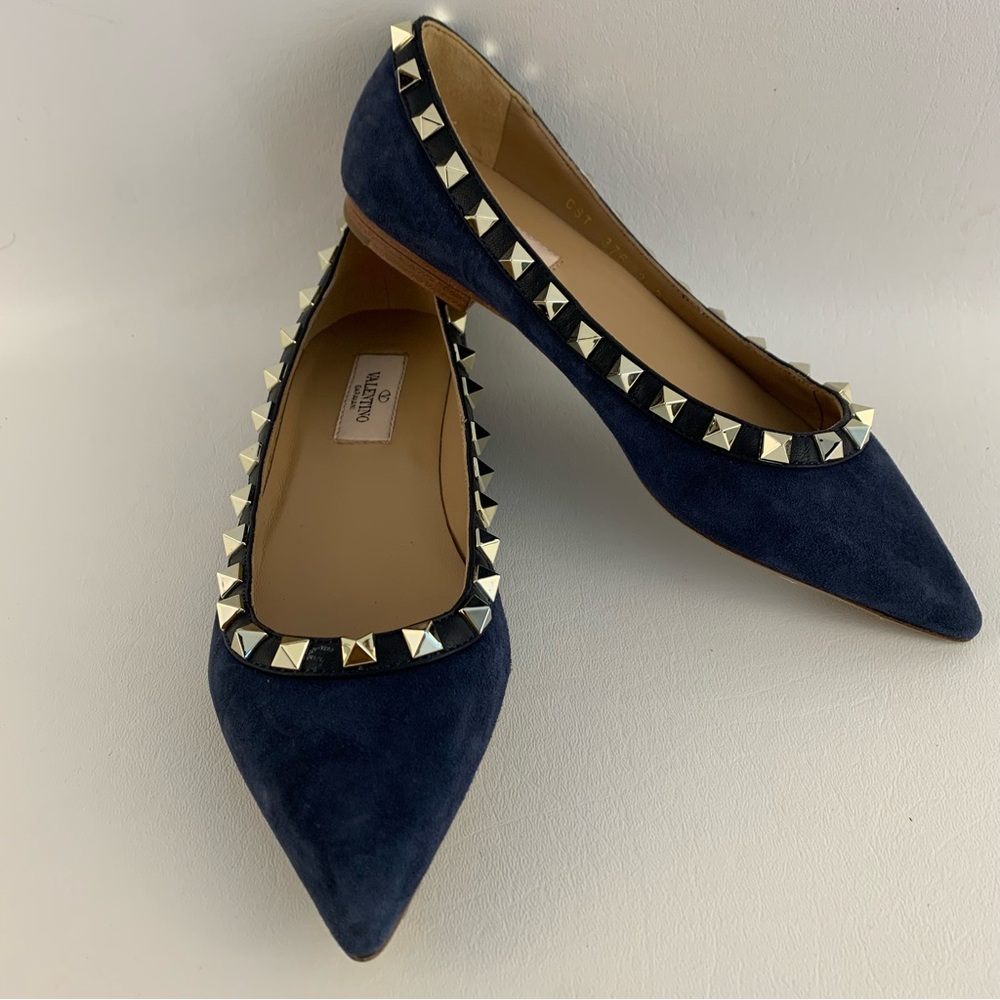 Valentino Garavani Rockstud Blue Suede Leather Flats